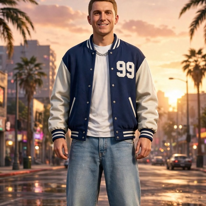 Zach Dillard, data connectivity scaler, varsity jacket sunset boulevard teammate portrait