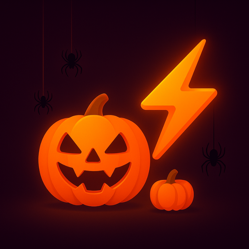 Orange neon pumpkin and lightning bolt emblem