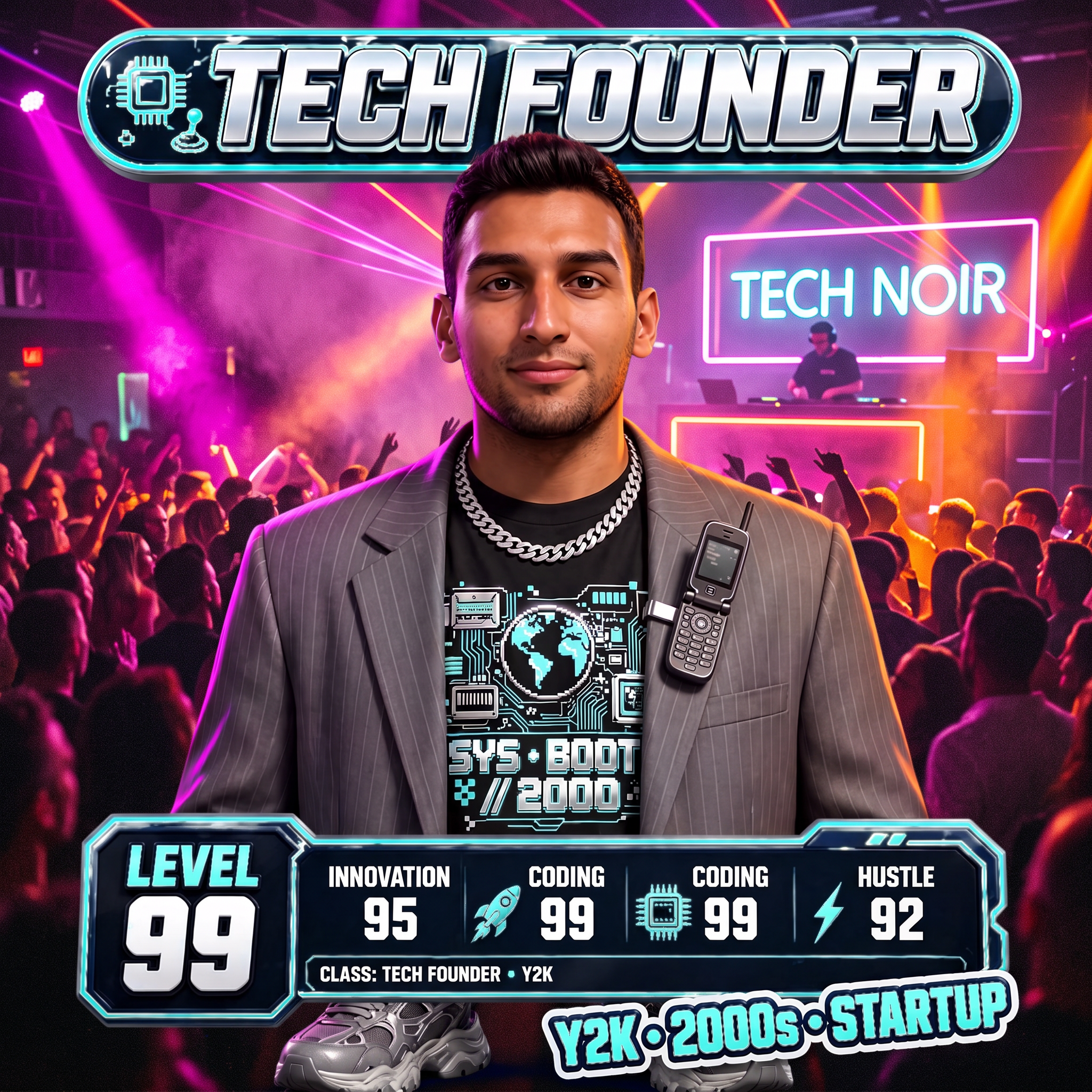 Dhruv Patel, director of development, Y2K tech founder card in a crowded Miami nightclub