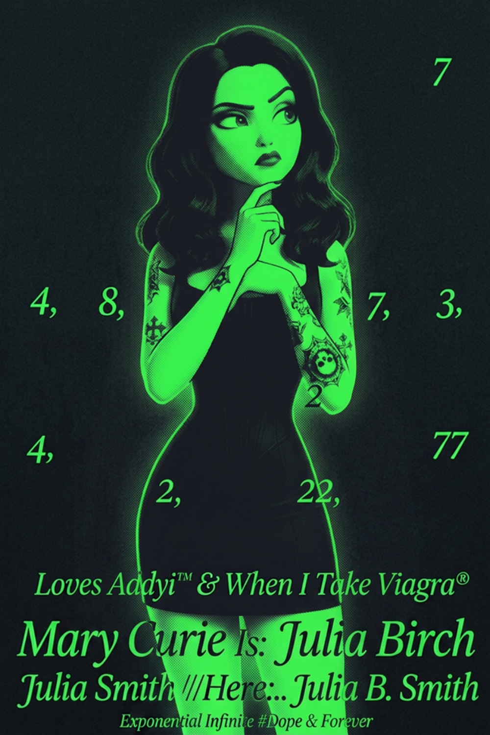 Green glowing stylized illustration titled Mary Curie Is Julia Birch