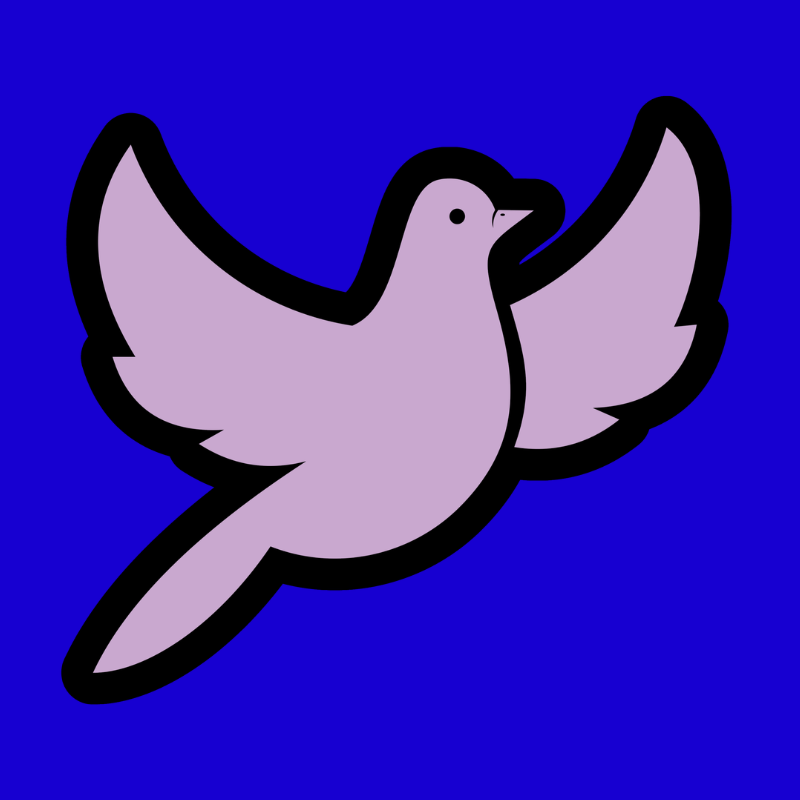 Purple dove logo on electric blue field