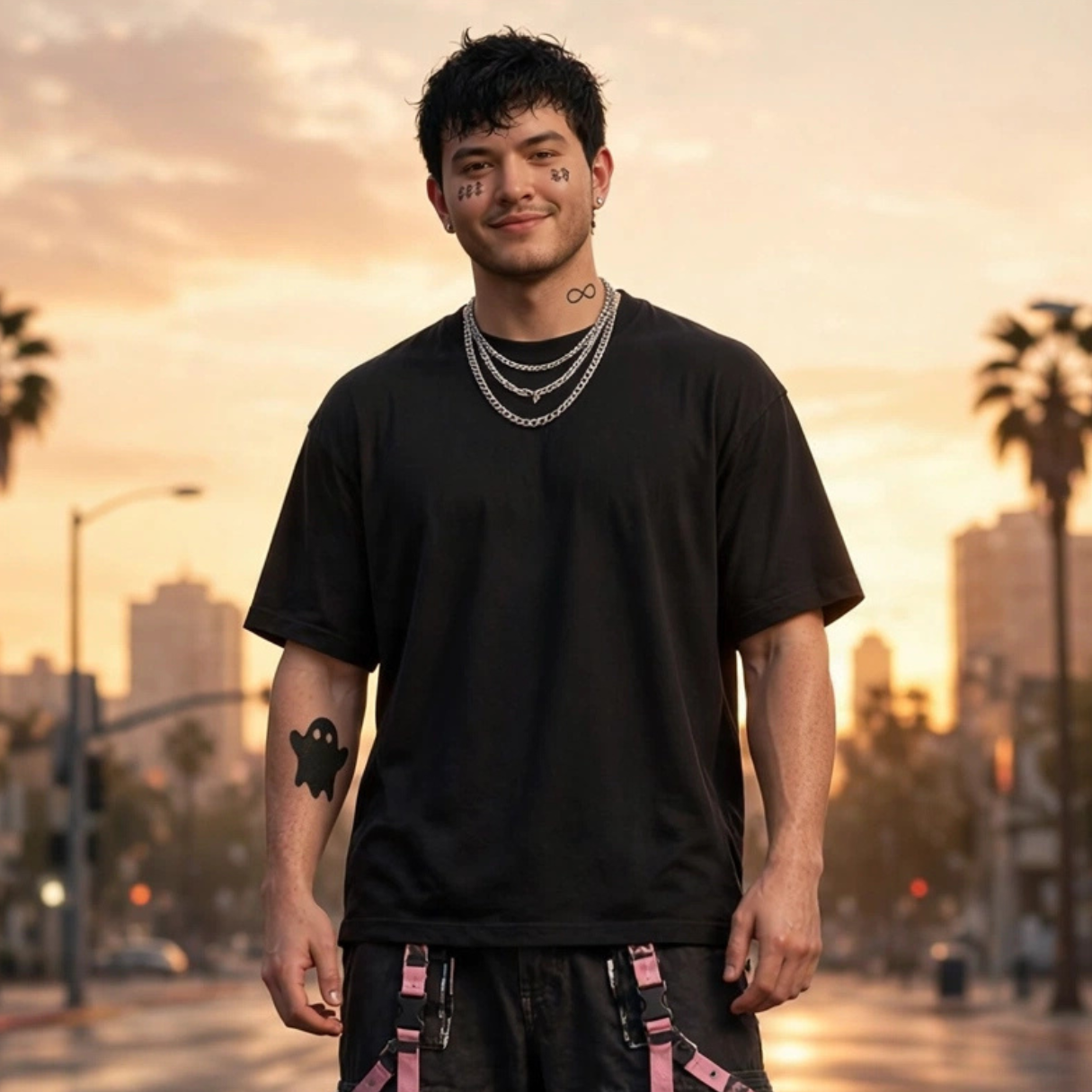 Grant Smith at sunset in a black tee with chain necklaces