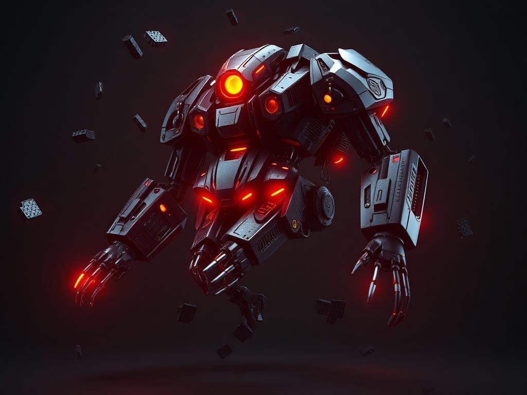 Cybertronic armored chassis fragments in orange light