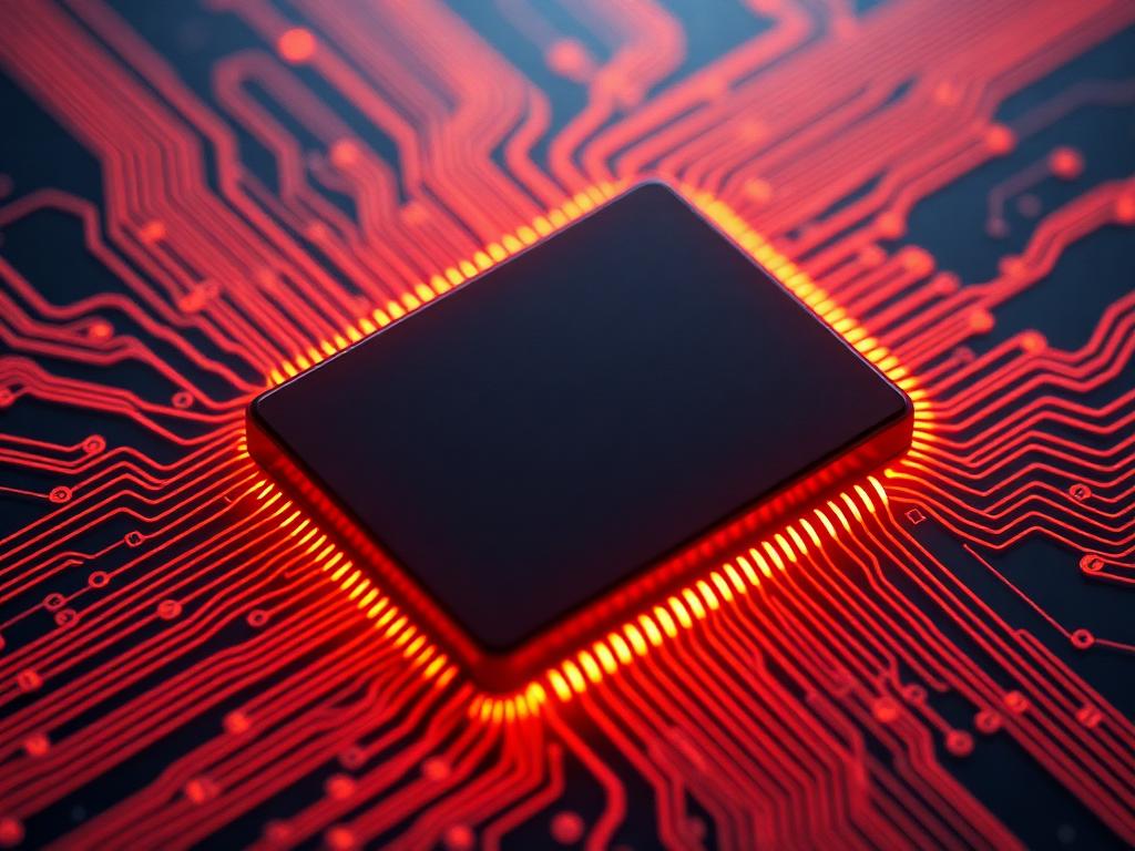 Black microchip with glowing orange circuitry