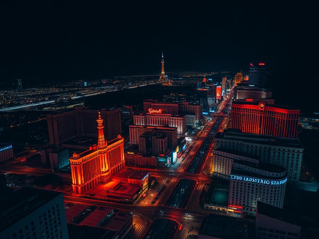 Night aerial view of Las Vegas under orange neon